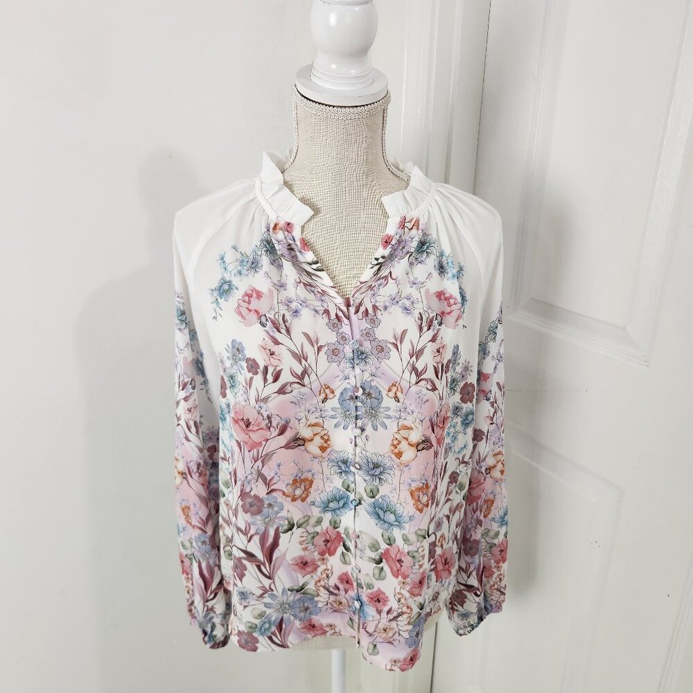 Cupcakes And Cashmere Top Womens XS Watercolor Floral Roses Feminine Career